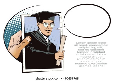 Stock illustration. People in retro style pop art and vintage advertising. Teacher with diploma. Hand with photo.