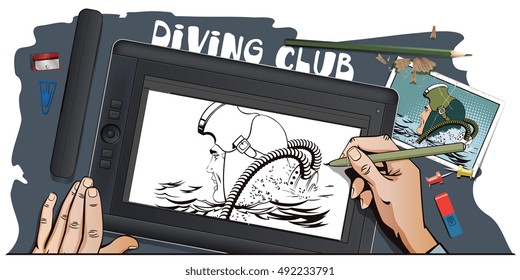 Stock illustration. People in retro style pop art and vintage advertising. Diver. Hand paints picture on tablet.