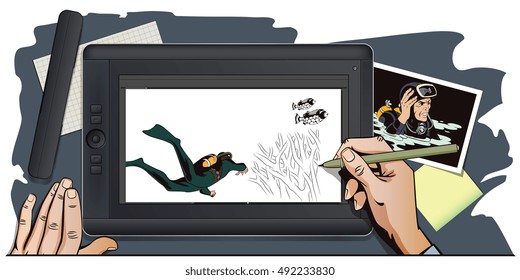 Stock illustration. People in retro style pop art and vintage advertising. Diver. Hand paints picture on tablet.
