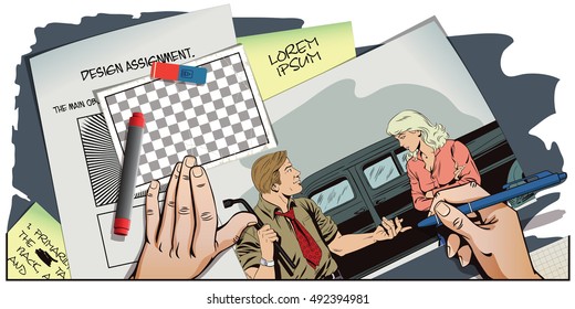 Stock illustration. People in retro style pop art and vintage advertising. Man with tool to replace car wheels. Blame girl. Hand paints picture on tablet.