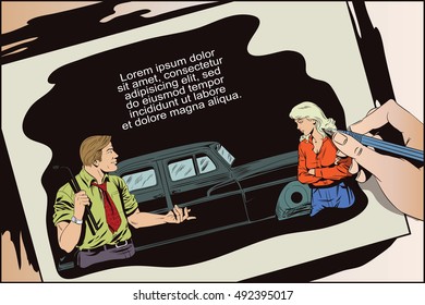 Stock illustration. People in retro style pop art and vintage advertising. Man with tool to replace car wheels. Blame girl. Hand paints picture on tablet.
