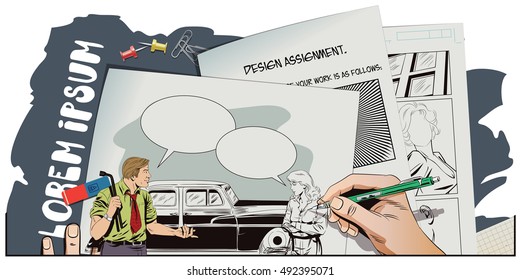 Stock illustration. People in retro style pop art and vintage advertising. Man with tool to replace car wheels. Blame girl. Hand paints picture on tablet.
