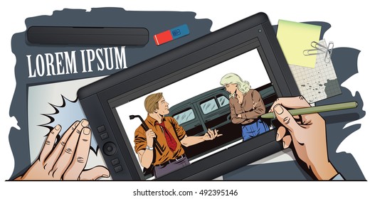 Stock illustration. People in retro style pop art and vintage advertising. Man with tool to replace car wheels. Blame girl. Hand paints picture on tablet.
