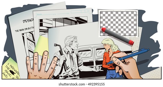 Stock illustration. People in retro style pop art and vintage advertising. Man with tool to replace car wheels. Blame girl. Hand paints picture on tablet.