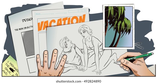 Stock illustration. People in retro style pop art and vintage advertising. Girl and guy on beach. Romantic declaration of love. Hand paints picture.