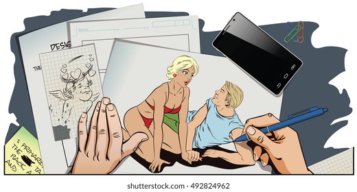 Stock illustration. People in retro style pop art and vintage advertising. Girl and guy on beach. Romantic declaration of love. Hand paints picture.