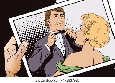 Stock illustration. People in retro style pop art and vintage advertising. Proud guy adjusting his bow-tie. Girl terrified by this. Hand with photo.