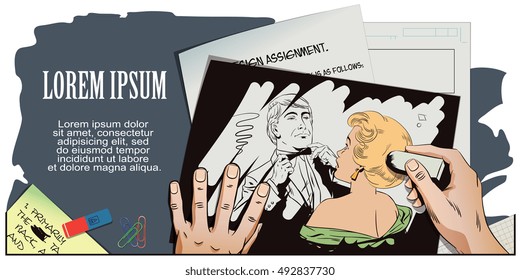 Stock illustration. People in retro style pop art and vintage advertising. Proud guy adjusting his bow-tie. Girl terrified by this. Hand paints picture.