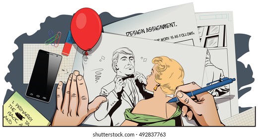 Stock illustration. People in retro style pop art and vintage advertising. Proud guy adjusting his bow-tie. Girl terrified by this. Hand paints picture.