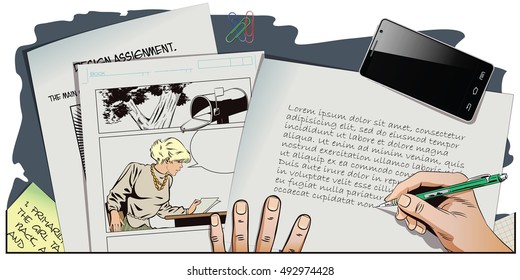 Stock illustration. People in retro style pop art and vintage advertising. Girl reads letter. Hand paints picture.
