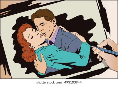 Stock illustration. People in retro style pop art and vintage advertising. Embraces of a loving couple. Hand paints picture.