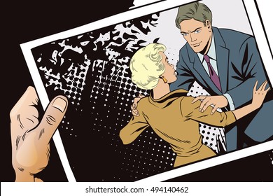 Stock illustration. People in retro style pop art and vintage advertising. Broken heart. Girl and boy talking. Hand with photo.
