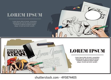 Stock illustration. People in retro style pop art and vintage advertising. Woman pulls a stubborn man donkey. Hand paints picture.