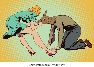 Stock Illustration. People In Retro Style Pop Art And Vintage Advertising. Woman Pulls A Stubborn Man Donkey.