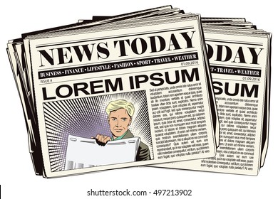 Stock illustration. People in retro style. Presentation template. Man shows a newspaper. Place under your headline. Newspaper article.