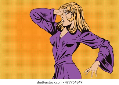 Stock illustration. People in retro style pop art and vintage advertising. Stunned girl.