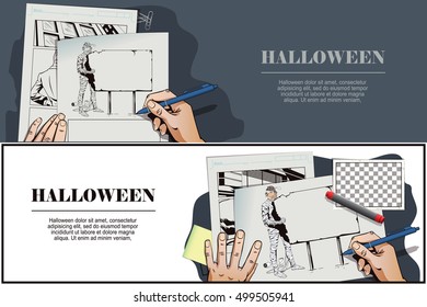 Stock illustration. People in retro style pop art and vintage advertising. Man wrapped in toilet paper. Funny mummy. Happy Halloween. Hand paints picture.