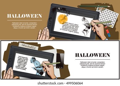 Stock illustration. People in retro style pop art and vintage advertising. Ghost Halloween. Hand paints picture on tablet.