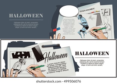 Stock illustration. People in retro style pop art and vintage advertising. Ghost Halloween. Hand paints picture.