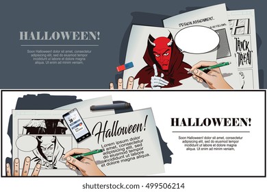 Stock illustration. People in retro style pop art and vintage advertising. Satan reminds about Halloween. Hand paints picture.