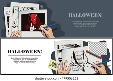 Stock illustration. People in retro style pop art and vintage advertising. Satan reminds about Halloween. Hand paints picture.