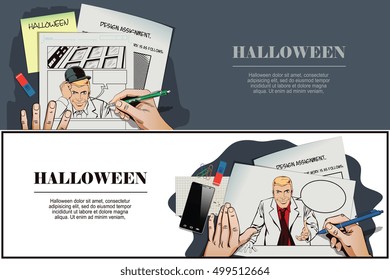 Stock illustration. People in retro style pop art and vintage advertising. Devil welcome gesture. Hand paints picture.