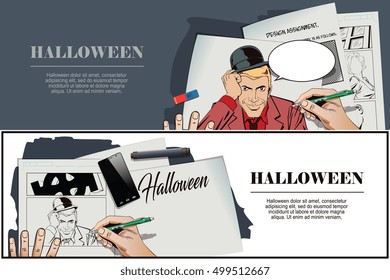 Stock illustration. People in retro style pop art and vintage advertising. Devil welcome gesture. Hand paints picture.