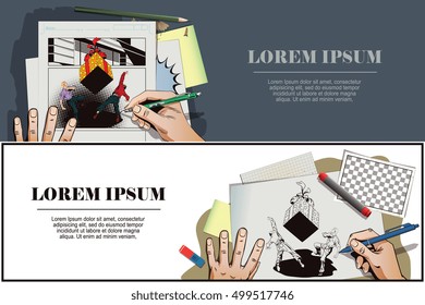 Stock illustration. People in retro style. Presentation template. People run away from a huge falling on them a gift. Hand paints picture.