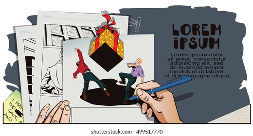 Stock illustration. People in retro style. Presentation template. People run away from a huge falling on them a gift. Hand paints picture.