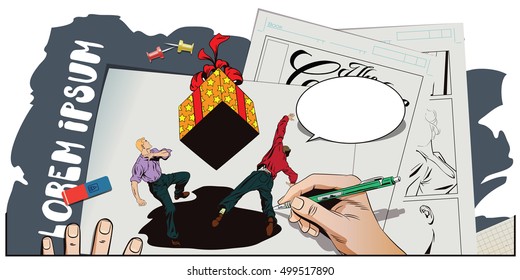 Stock illustration. People in retro style. Presentation template. People run away from a huge falling on them a gift. Hand paints picture.