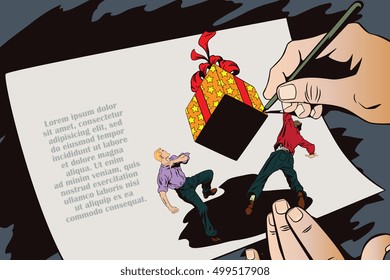 Stock illustration. People in retro style. Presentation template. People run away from a huge falling on them a gift. Hand paints picture.