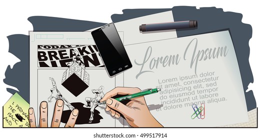Stock illustration. People in retro style. Presentation template. People run away from a huge falling on them a gift. Hand paints picture.