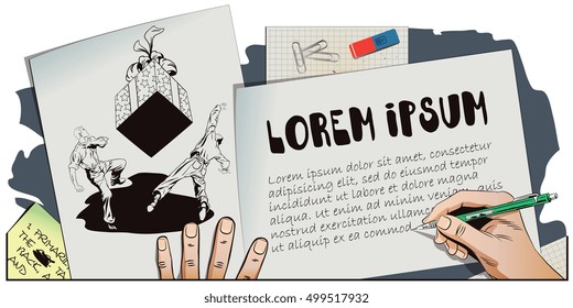 Stock illustration. People in retro style. Presentation template. People run away from a huge falling on them a gift. Hand paints picture.