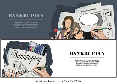Stock illustration. People in retro style pop art and vintage advertising. Woman soothes upset man. Bankruptcy. Business failure. Hand paints picture.