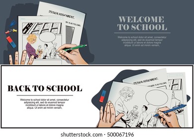 Stock illustration. People in retro style pop art and vintage advertising. Welcome to school. Back to school. Beautiful girl going to school. Guys look at her. Hand paints picture.