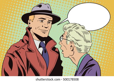 Stock illustration. People in retro style. Presentation template. Conversation young and old men. Winner and loser. Success and failure.