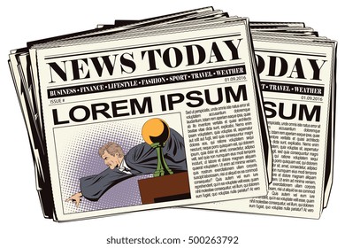 Stock illustration. People in retro style. Presentation template. Angry judge shows a finger from the podium. Newspaper article.