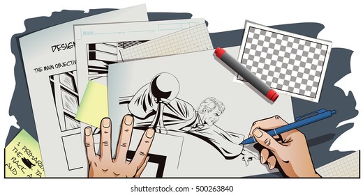 Stock illustration. People in retro style. Presentation template. Angry judge shows a finger from the podium. Hand paints picture.