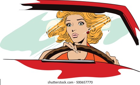 Stock illustration. People in retro style pop art and vintage advertising. Frightened woman driving a car.