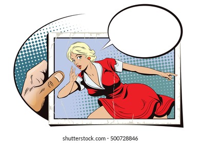 Stock illustration. People in retro style. Presentation template. Surprised young woman is pointing finger. Promo girl. Your advertising brand here. Hand with photo.