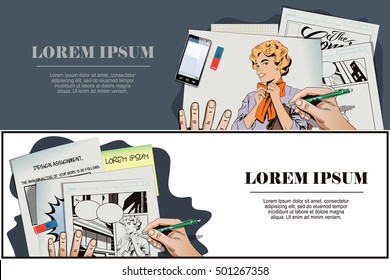 Stock illustration. People in retro style pop art and vintage advertising. Young girl ties a scarf on the neck. Hand paints picture.