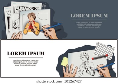 Stock illustration. People in retro style pop art and vintage advertising. Young girl ties a scarf on the neck. Hand paints picture.