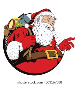 Stock illustration. People in retro style. Presentation template. Santa Claus with a bag full of presents.