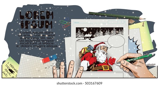 Stock illustration. People in retro style. Presentation template. Santa Claus with a bag full of presents. Hand paints picture.