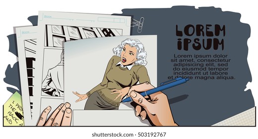 Stock illustration. People in retro style. Presentation template. Stunned girl. Hand paints picture.