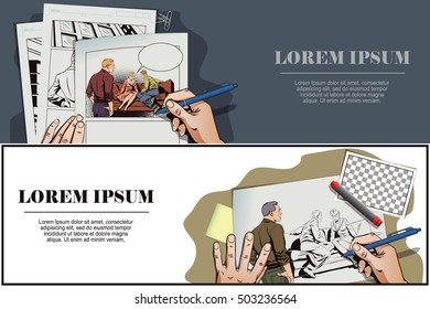 Stock illustration. People in retro style. Young couple sitting on couch and talking. Other guy looks at them. Hand paints picture.