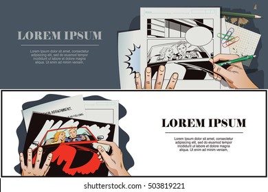 Stock illustration. People in retro style pop art and vintage advertising. Guy and girl in a sports car. Hand paints picture.