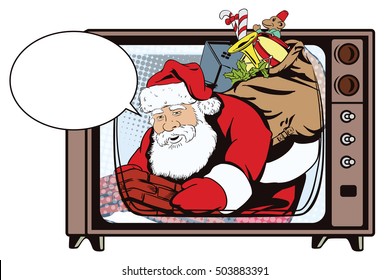 Stock illustration. People in retro style. Presentation template. Santa Claus with a bag of gifts climbs in pipe.