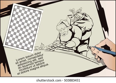 Stock illustration. People in retro style. Presentation template. Santa Claus with a bag of gifts climbs in pipe. Hand paints picture.