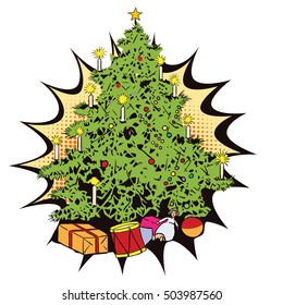 Stock illustration. People in retro style. Presentation template. Christmas tree with gifts. 